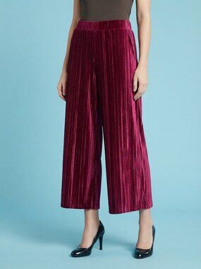 Red Pleated Velor Cropped Wide Leg Pants